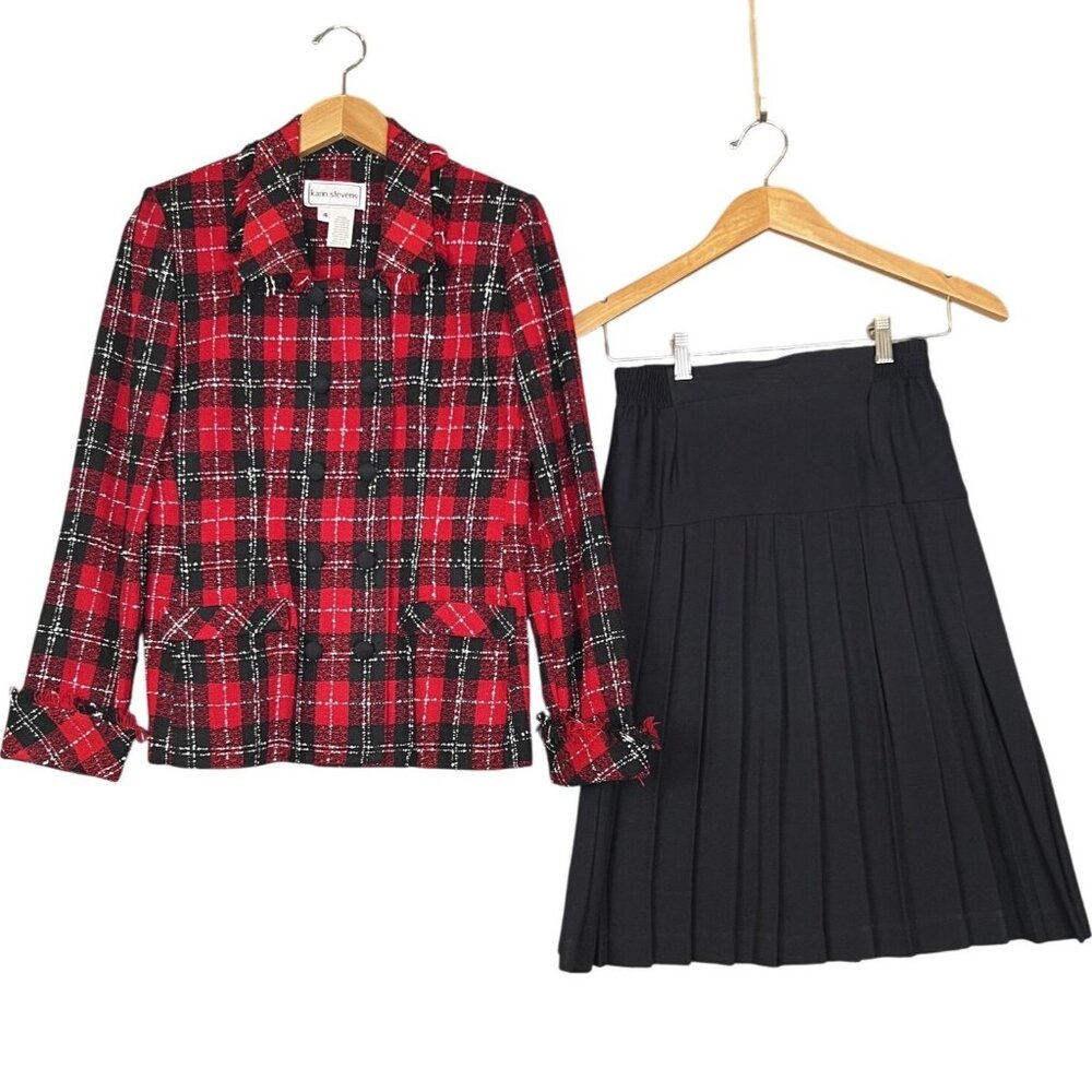 VTG Karen Steven Women 4 Skirt Suit Red Plaid Jacket Black Pleated Skirt 90s USA